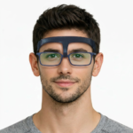 Hafif yapılı siyah kafa bantlı Nazalift gözlük taşıyıcı, ameliyat sonrası erkek model.